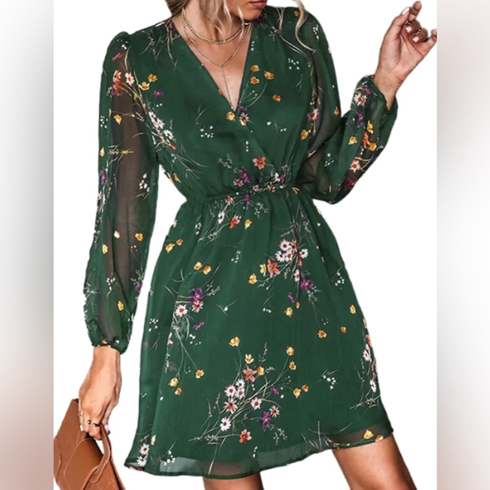 793 PrettyGarden Floral Green Faux Wrap Mini Dress Long Sleeve Sheer Size M